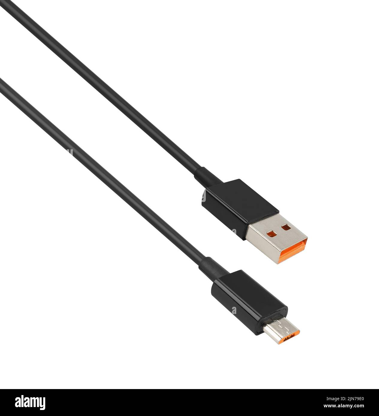 Kabel mit USB- und Micro-USB-Anschluss, isoliert auf weißem Hintergrund Stockfoto