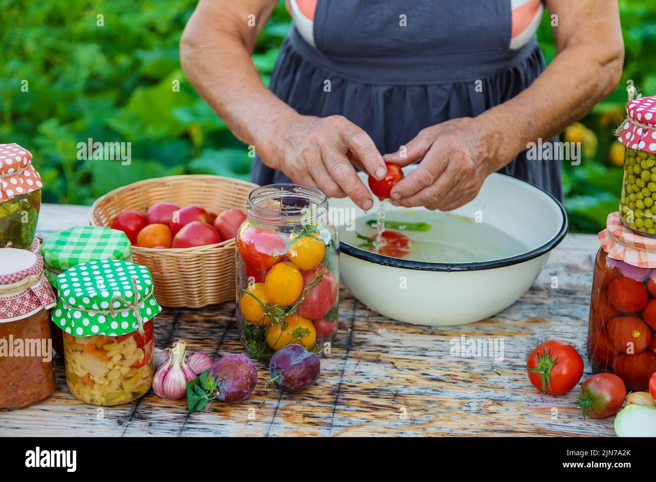Ältere Frau, die Gemüse in Gläsern konservieren. Selektiver Fokus. Essen. Stockfoto