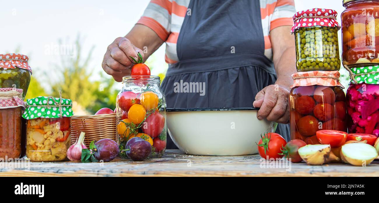 Ältere Frau, die Gemüse in Gläsern konservieren. Selektiver Fokus. Essen. Stockfoto