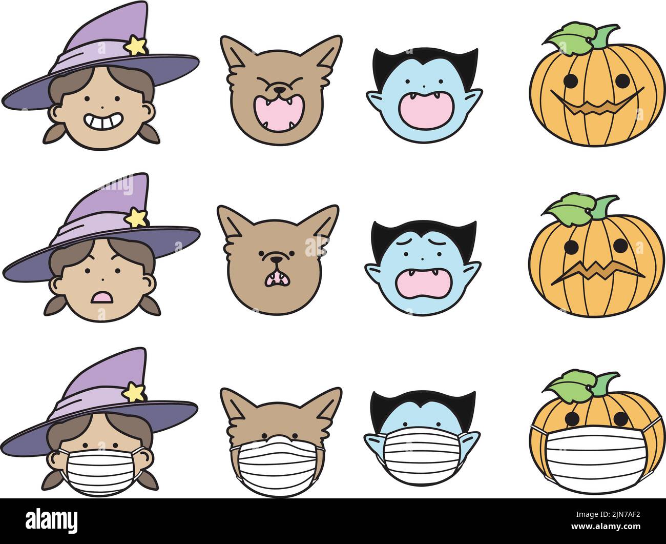 Set von halloween-Figuren Gesichter Vektor-Gesichter mit verschiedenen Ausdrücken von Hexe, Werwolf, Vampir und Jack o'Lantern Set. Stock Vektor