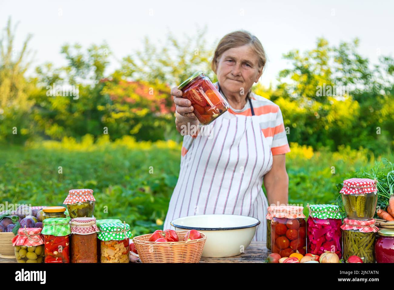 Ältere Frau, die Gemüse in Gläsern konservieren. Selektiver Fokus. Essen. Stockfoto