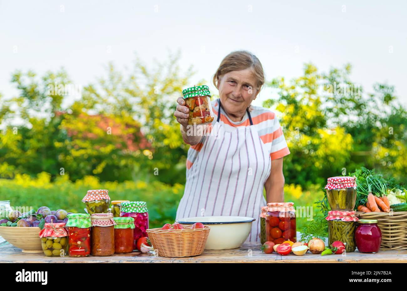 Ältere Frau, die Gemüse in Gläsern konservieren. Selektiver Fokus. Essen. Stockfoto