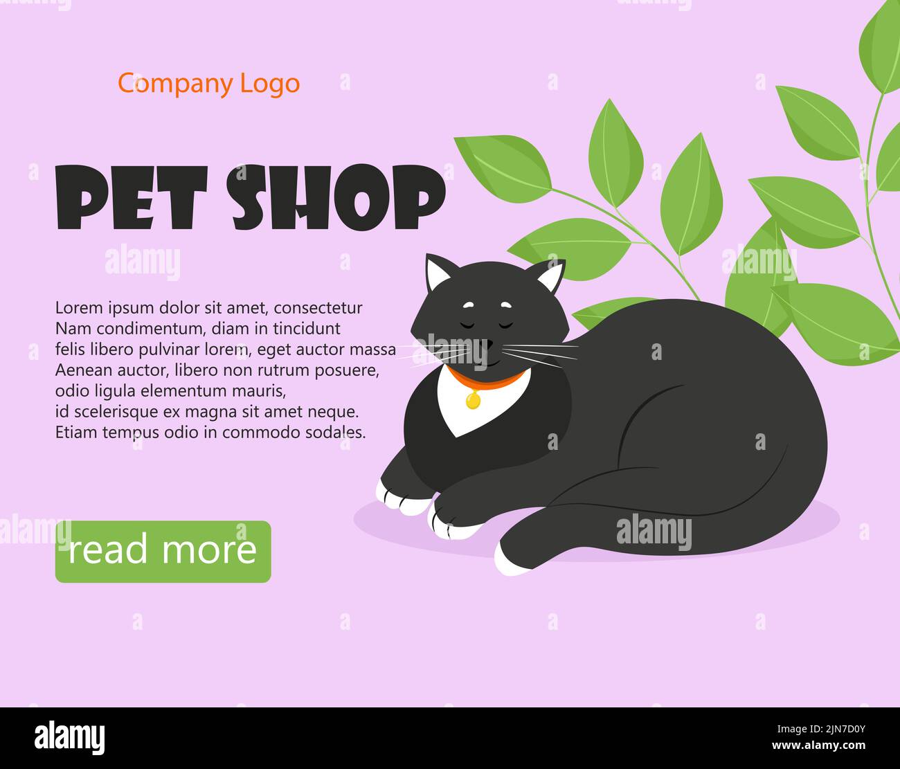 Banner der Tierhandlung. Schwarze Katze mit Kragen. Vektorgrafik im flachen Stil Stock Vektor
