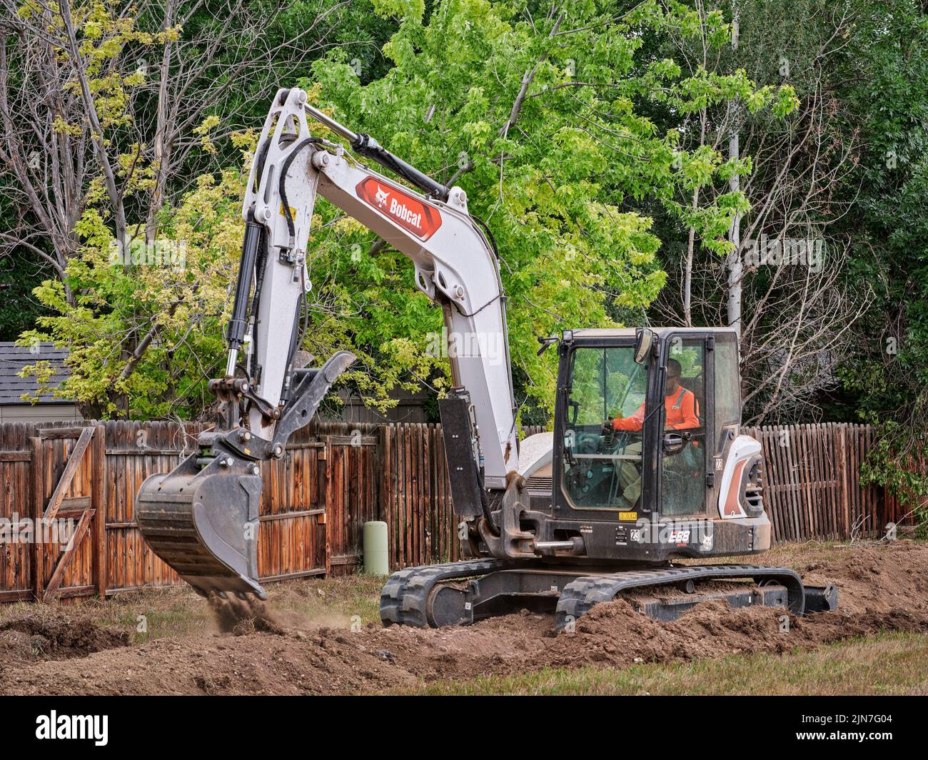 Fort Collins, CO, USA - 21. Juli 2022: E88, der größte Bobcat Kompaktbagger, der in einem Wohngebiet entlang des Hinterhofzauns arbeitet. Stockfoto