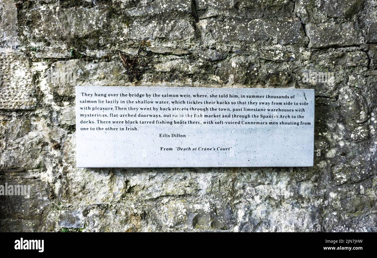 Ein Auszug aus Eilis Dillons Buch, Death at Cranes Court, errichtet am Riverwalk, Corrib River, Galway, Irland. Errichtet 2020 ihr hundertjähriges Jubiläum. Stockfoto