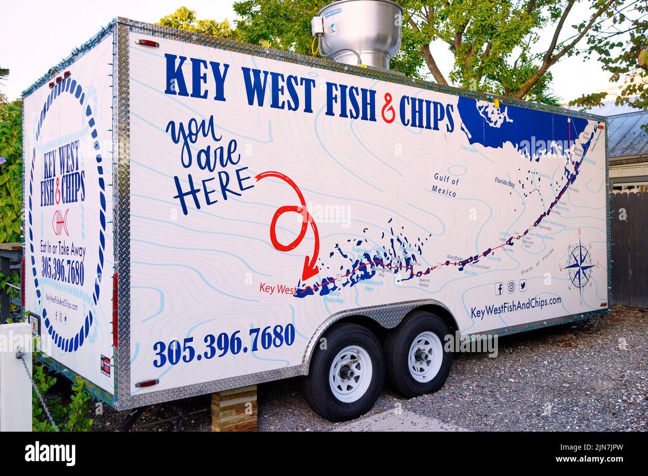 Key West Fish & Chips in Key West, Florida, FL, USA. Nahaufnahme des Food Trailer. Stockfoto