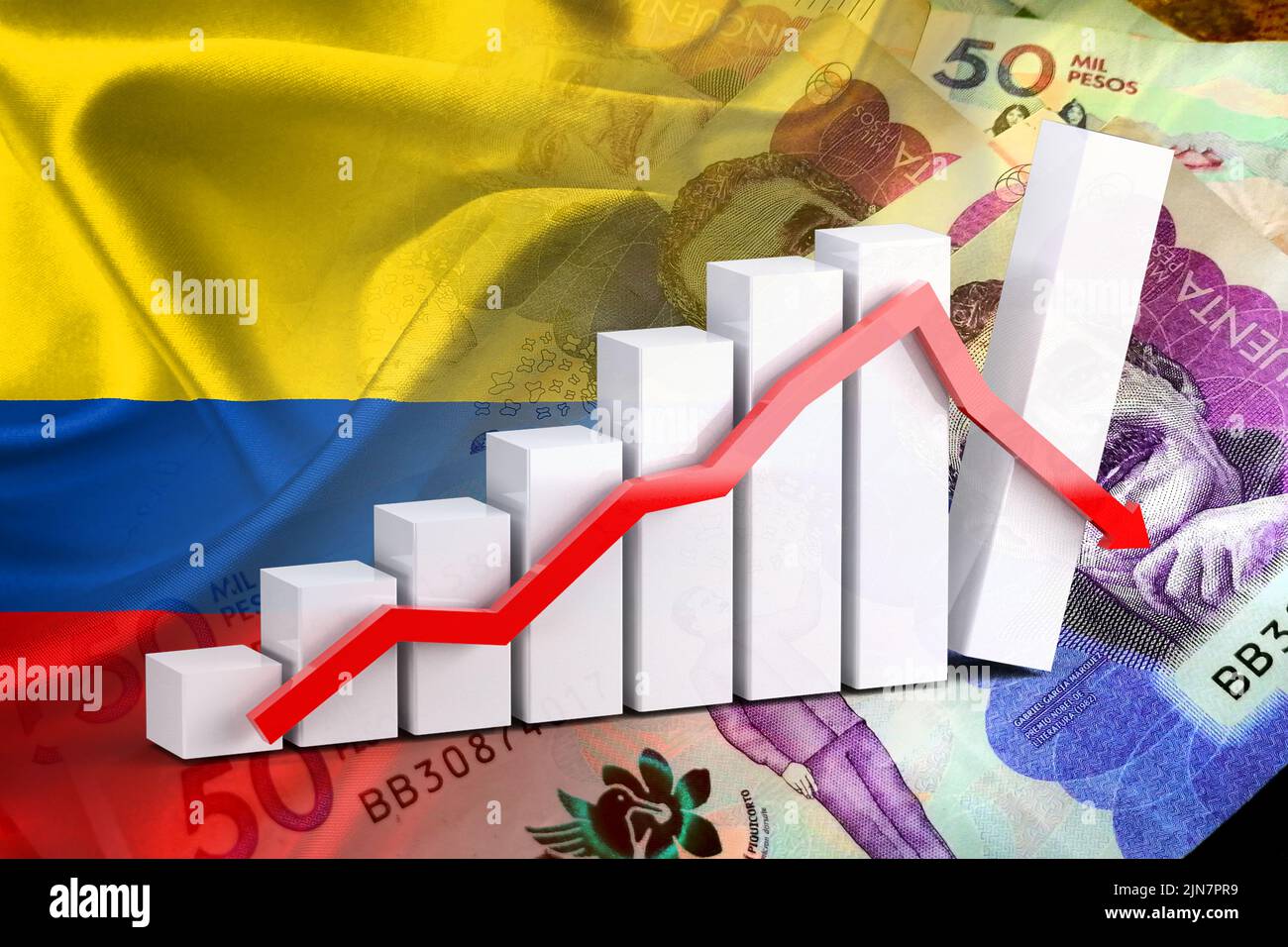 Diagramm der Wirtschaft: Abwärtspfeil, Bargeld kolumbianische Pesos und Kolumbien Flagge Stockfoto