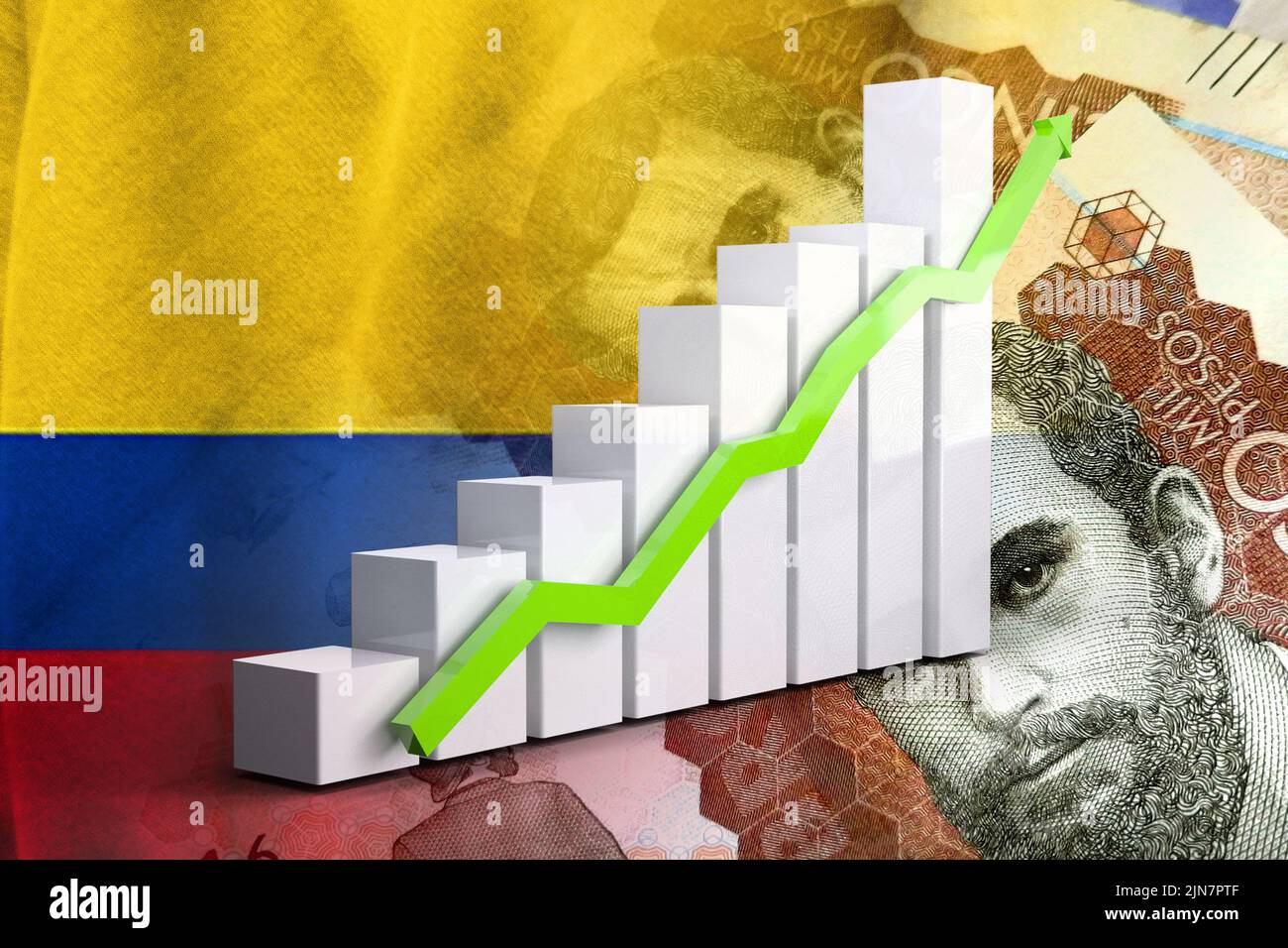 Diagramm der Wirtschaft: Aufwärtspfeil, Bargeld kolumbianische Pesos und Kolumbien Flagge Stockfoto
