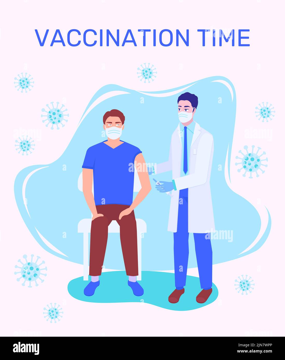 Impfung gegen Monkeypox. Ein maskierter Mann wird in einem Krankenhaus gegen Covid-19 geimpft. Arzt, der eine Injektion des Corona-Virus-Impfstoffs verabreicht. Stock Vektor