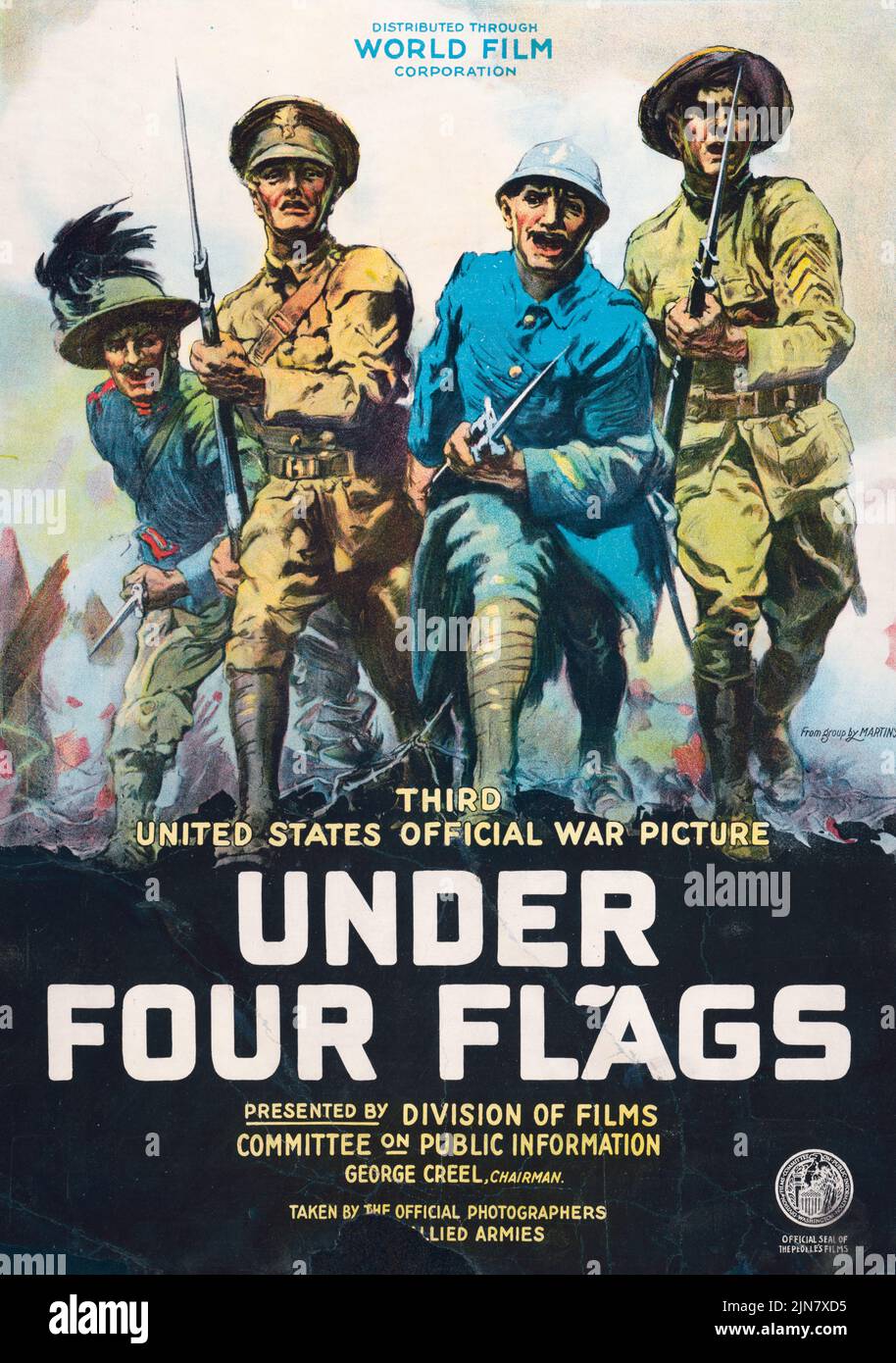 Under Four Flags, United States Official war Picture, Division of Films Committee on Public Information (1917) Filmplakat aus der Zeit des Ersten Weltkriegs von Philip Martiny Stockfoto