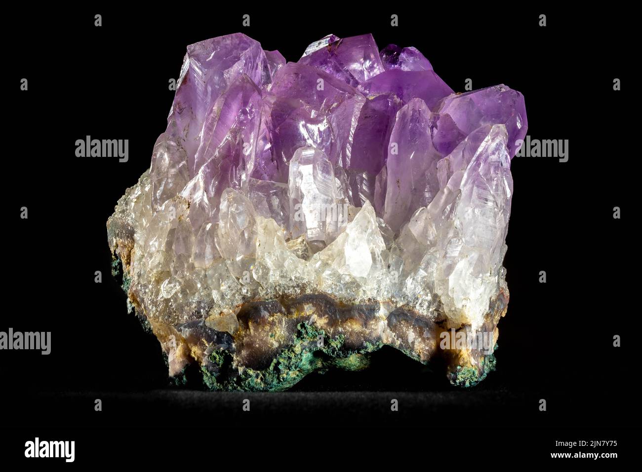 Nahaufnahme eines Stücks Amethyst, einer Art violetten Quarzes, auf schwarzem Hintergrund. Stockfoto