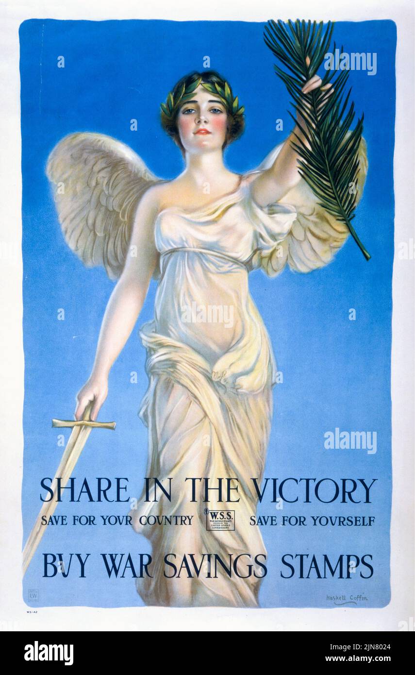 Share in the victory, Save for your country, Save for yourself, Buy war Savings stamps (1918) Poster aus der Zeit des Ersten Weltkriegs von Haskell Coffin Stockfoto