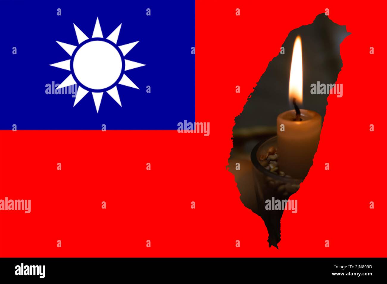 Defokussieren Sie die Flagge Taiwans, die offiziellen Farben und das richtige Verhältnis. Flagge Taiwans. Taiwan-Karte. Demokratie. Speicherkonzept. Krieg zwischen China und Taiw Stockfoto