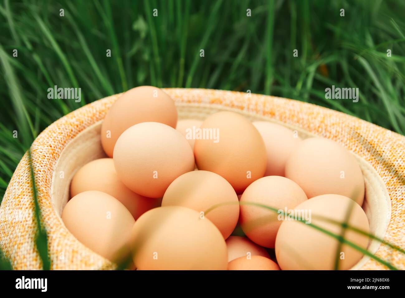 Unschärfe-Eier in Strohhut auf Gras Hintergrund. Hühnereier im Holzkorb auf grünem Naturboden bei bewölktem Tag. Speicherplatz kopieren. Bio-Lebensmittel. Nahaufnahme. E Stockfoto
