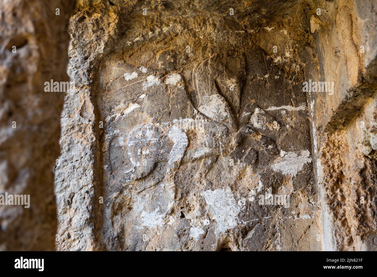 Geschnitzte Steinreliefs in Klippe in der Nähe von antiken Felsgräbern in Tlos, Türkei Stockfoto