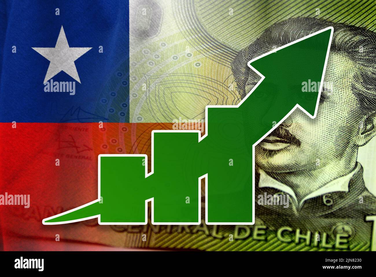 Wirtschaftsdiagramm: Aufwärtspfeil, Barzahlung chilenischer Pesos und chilenische Flagge Stockfoto