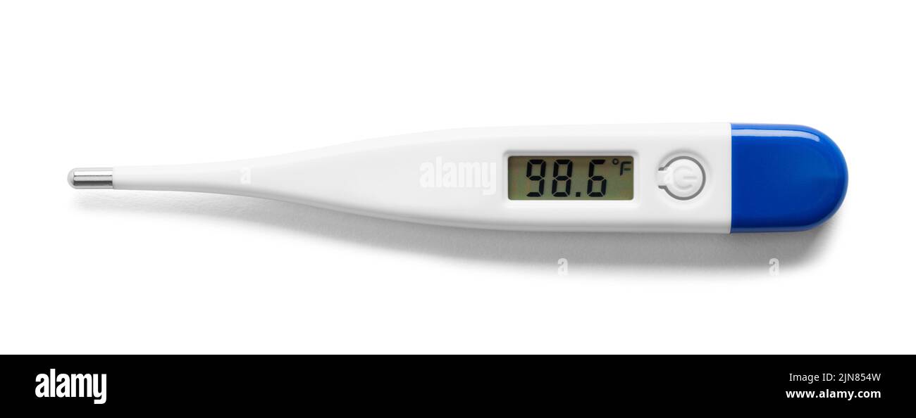 Medizinisches Digitalthermometer mit einem weißen Ausschnitt für niedrige Temperaturen. Stockfoto