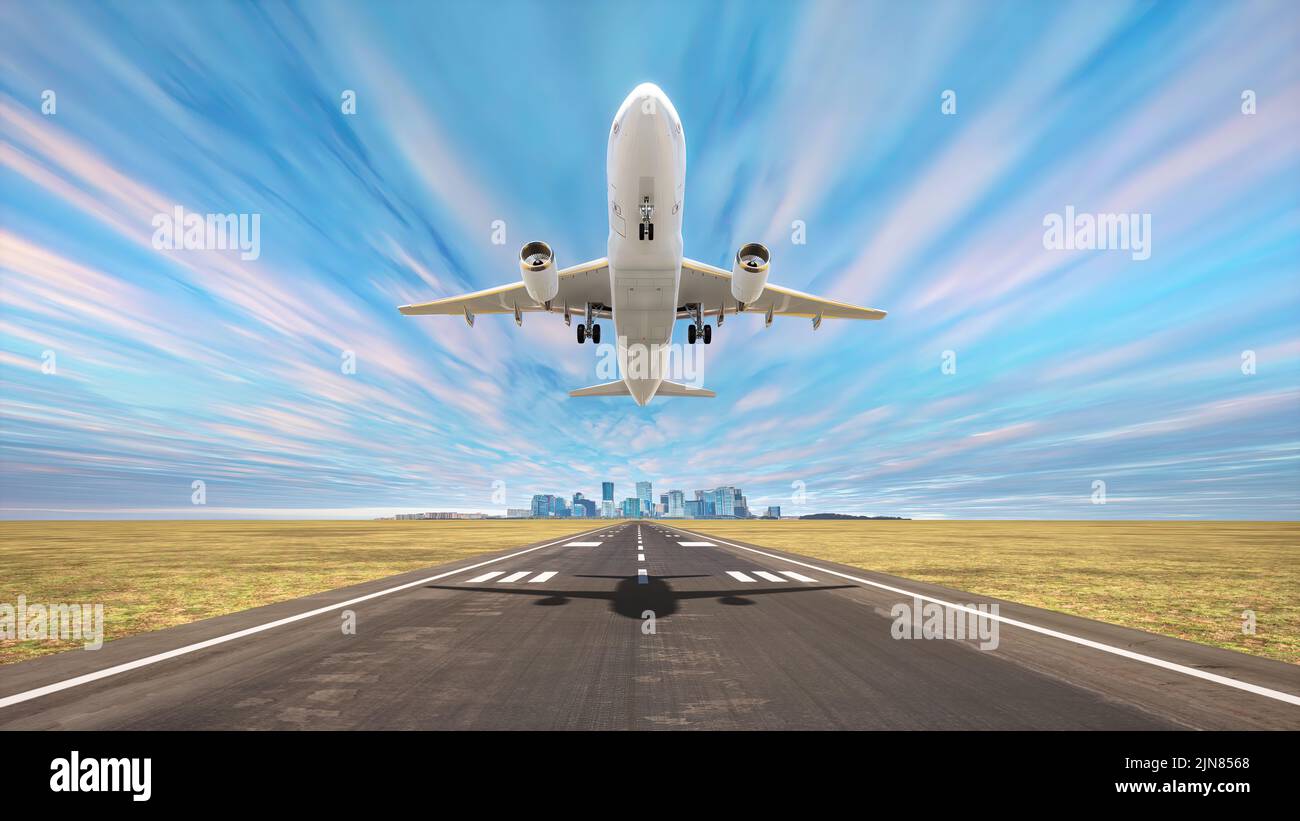 Start eines Verkehrsflugzeugs auf der Start- und Landebahn des Flughafens mit der Stadt im Hintergrund und dem schönen Nachmittags-Himmel, Abbildung 3D. Stockfoto