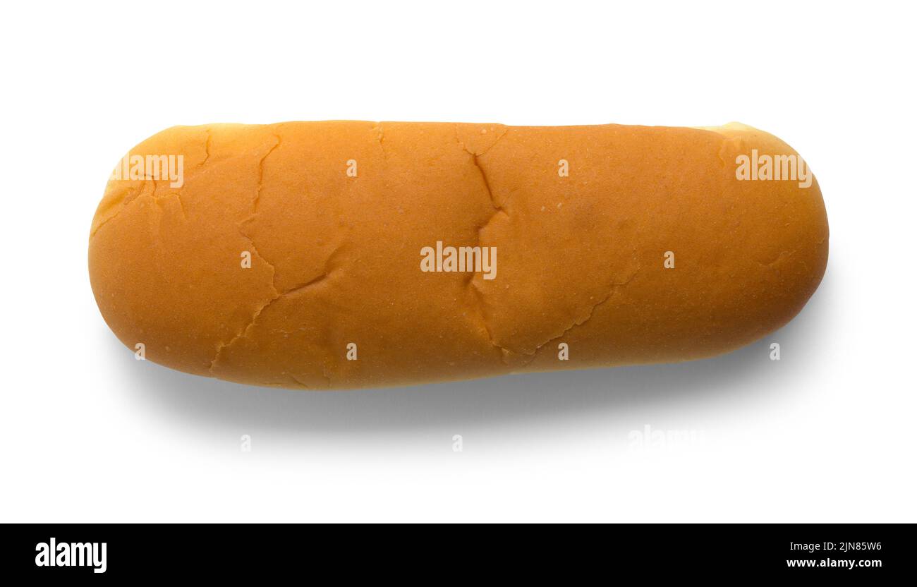Hot Dog Bun Draufsicht auf Weiß ausgeschnitten. Stockfoto