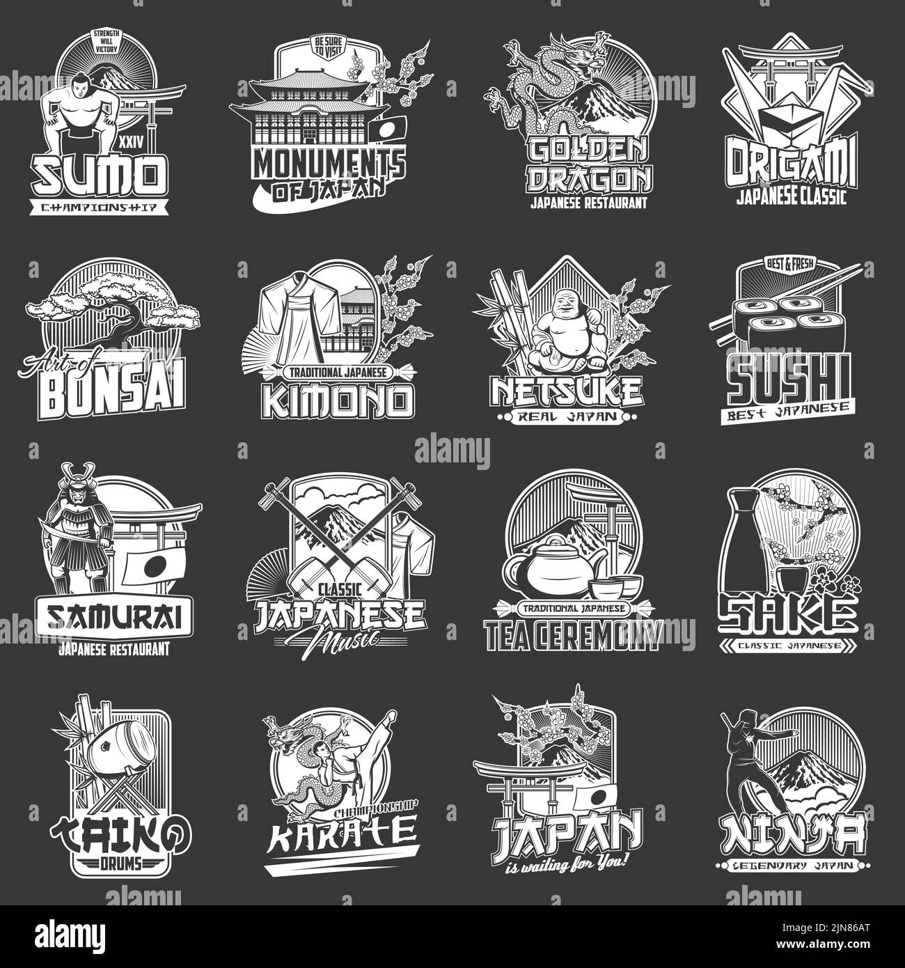 Japanische Kultur, Tradition, Wahrzeichen und Gastronomie, Vektor-Ikonen japanischer Reisen. Traditionelles japanisches Sushi, Sumo- und Karate-Meisterschaft, Kimono- und Sake-Drink, Bonsai-Kunst, Origami- und Drachensymbole Stock Vektor