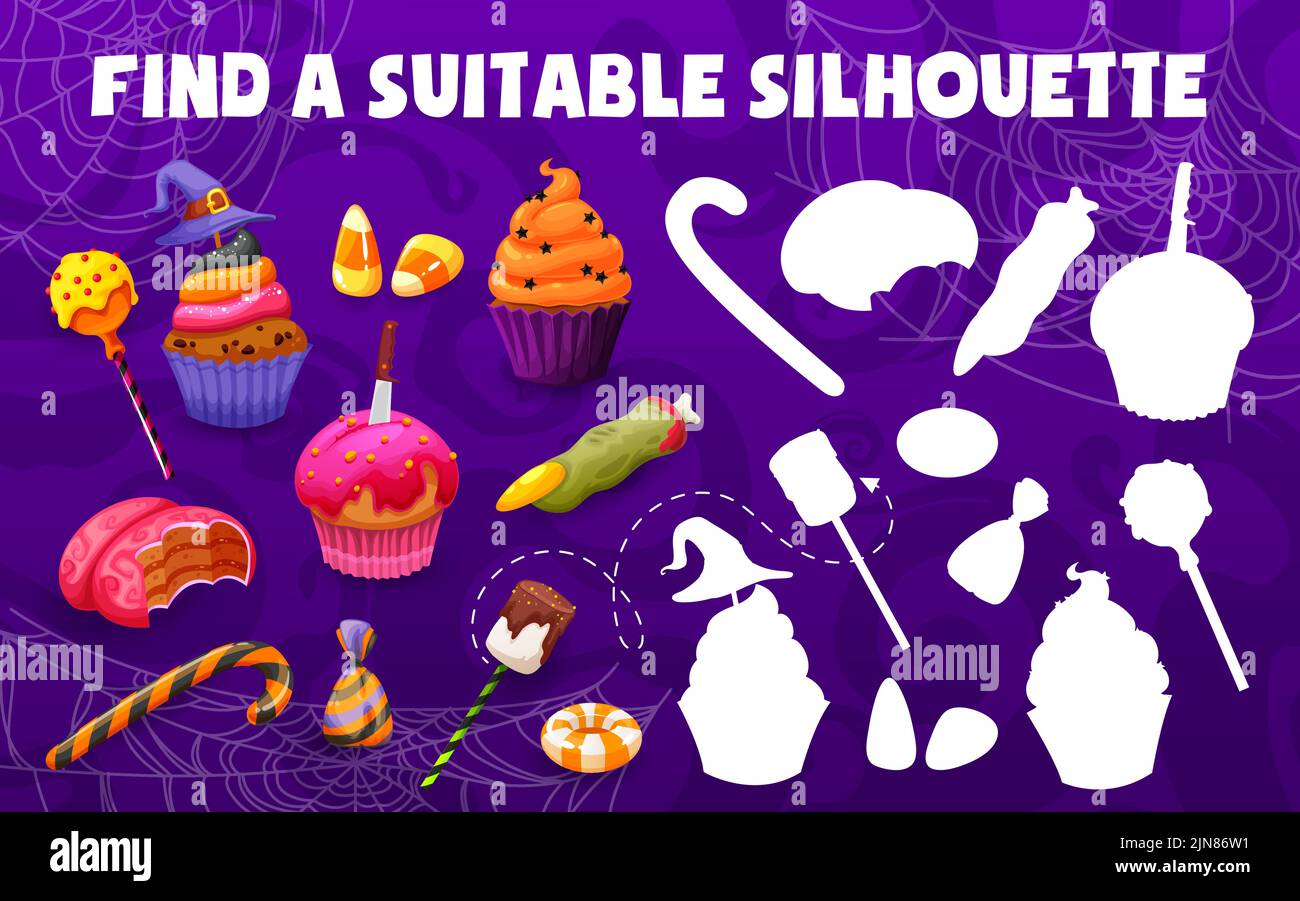 Finde eine passende Silhouette von Halloween-Süßigkeiten und Süßigkeiten. Vektor-Spiel oder Puzzle-Arbeitsblatt mit Spiel und verbinden Trick or Treat Lutscher, Kuchen, Süßigkeiten Mais, Hexenfinger Cookies, Cupcakes Stock Vektor