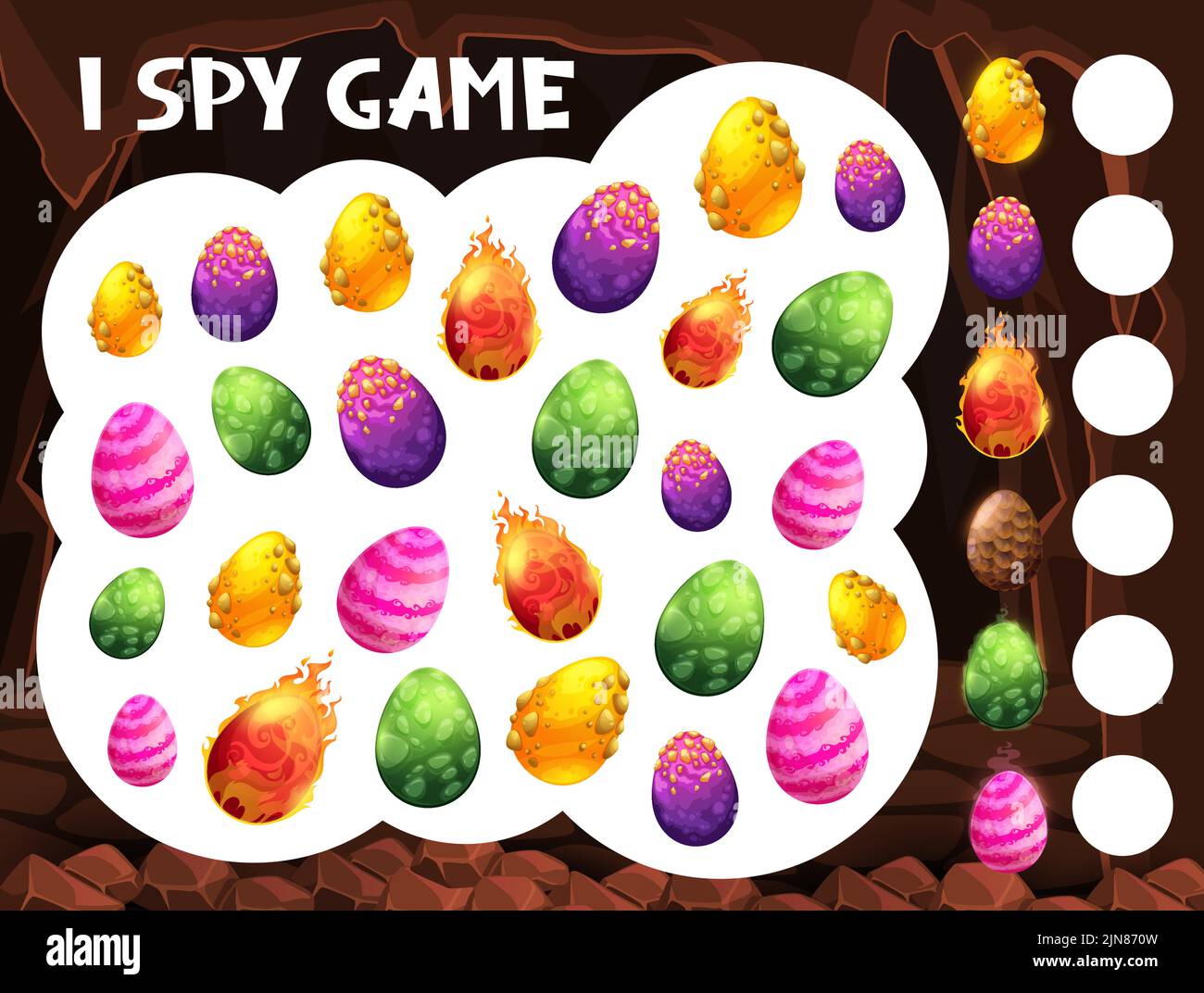 Cartoon Dinosaurier Eier in Höhle, Vektor I Spion Spiel Speicher Rätsel oder Labyrinth Arbeitsblatt. Das Arbeitsblatt mit dem Aufklärungsspiel mit bunten Dinosaurier- oder Dracheneiern, T-rex oder Triceratops Dino Stock Vektor