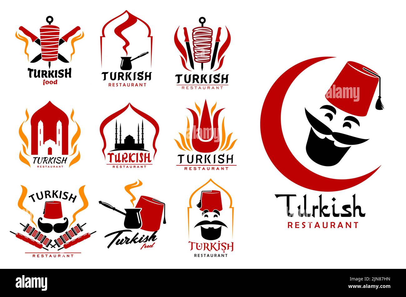 Türkische Küche, Symbole und Symbole des Küchenchefs. Türkei Fast-Food-Restaurant oder Café Vektor-Schild, Grill-Bar oder Café-Symbole mit Döner Kebab Rotisserie, Cezve fez roten Hut und türkischen Koch Gesicht Stock Vektor