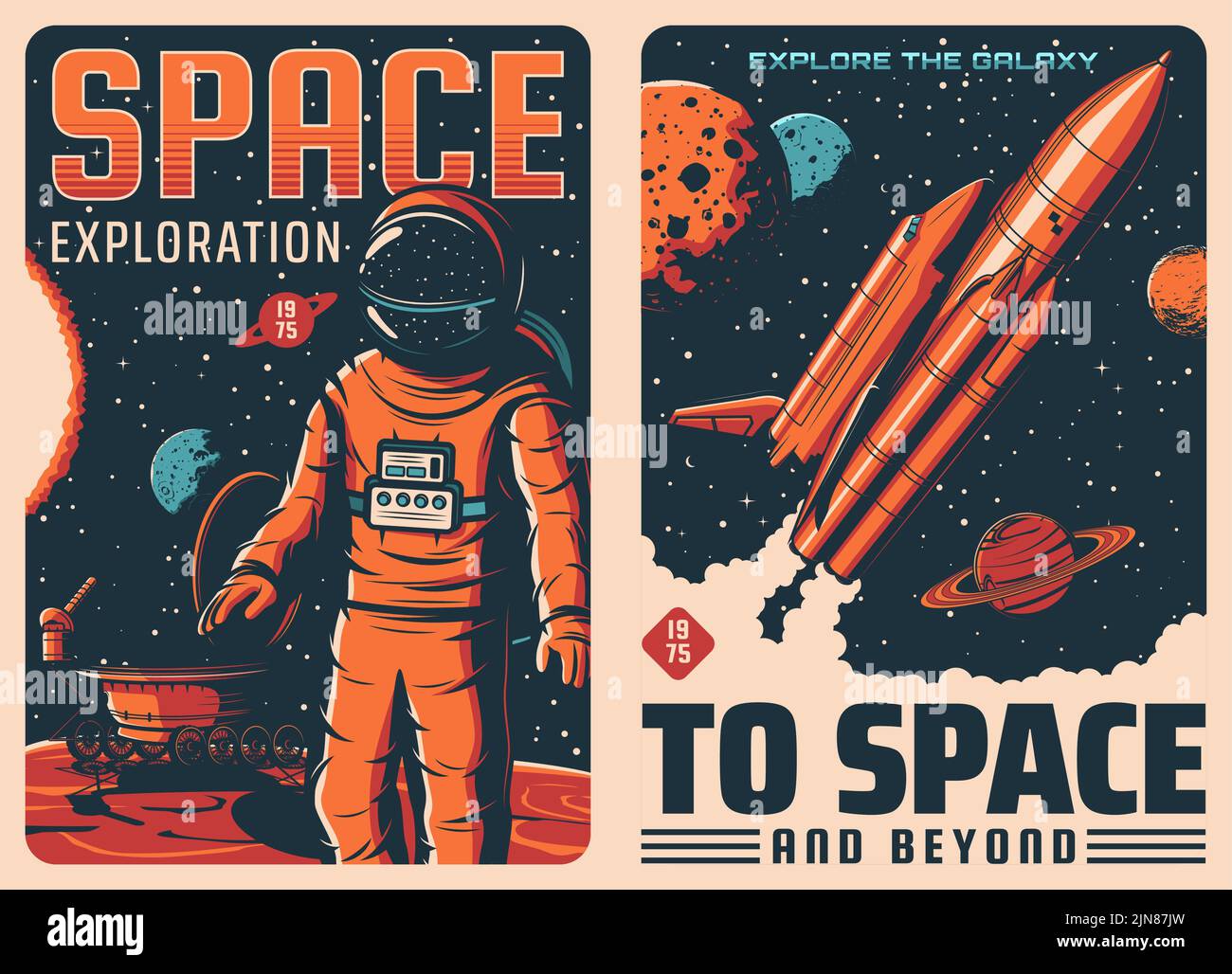 Weltraumforschung. Retro-Vektorposter für Astronauten und Raumschiffe. Galaxien-Raumfahrt, Sonnensystem-Planeten erforschen Vintage-Flyer mit Astronaut im Raumanzügen, Rover auf dem Mars und Shuttle-Raumschiff Stock Vektor