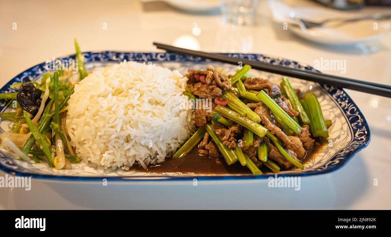 Asiatisches Essen auf einem Teller mit Reis. Verschiedene asiatische Gerichte im Restaurant, Blick von oben, Ort für Text. Asiatisches Speisekonzept. Niemand. Stockfoto