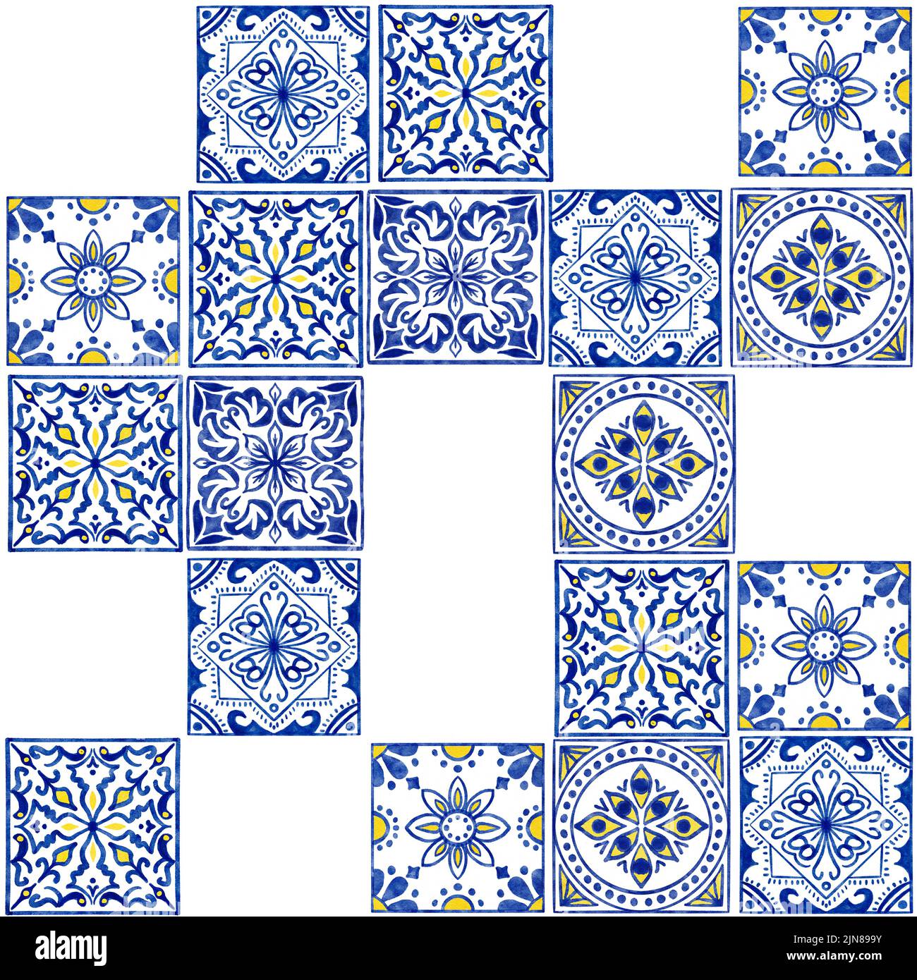Handgezeichnetes, nahtloses Aquarell-Muster mit blauen weißen Azulejo-portugiesischen Keramikfliesen. Ethnische portugal geomentric Indigo wiederholte Wand Boden Ornament. Arabischer ornamentaler Hintergrund Stockfoto