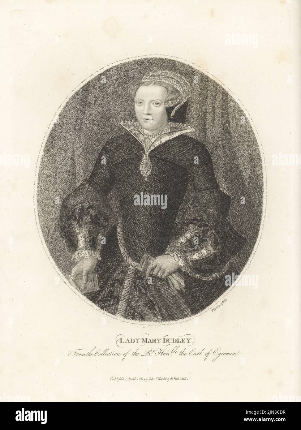 Lady Mary Sidney, wartende Dame am Hof von Königin Elizabeth I., Ehefrau von Sir Henry Sidney, Mutter von Sir Philip Sidney und Mary Sidney Herbert, Gräfin von Pembroke, c. 1530-1586. Mit Kapuze Kopfschmuck, Spitzenkragen, Mieder mit großen gestickten Manschetten, Brokatröcken. Mary Dudley. Aus einem Gemälde von Hans Eworth in der Sammlung des Earl of Egremont im Petworth House, West Sussex. Kupferstich von Edward Harding aus John Adolphus’ The British Cabinet, mit Porträts illustrer Persönlichkeiten, gedruckt von T. Bensley für E. Harding, 98 Pall Mall, London, 1799. Stockfoto