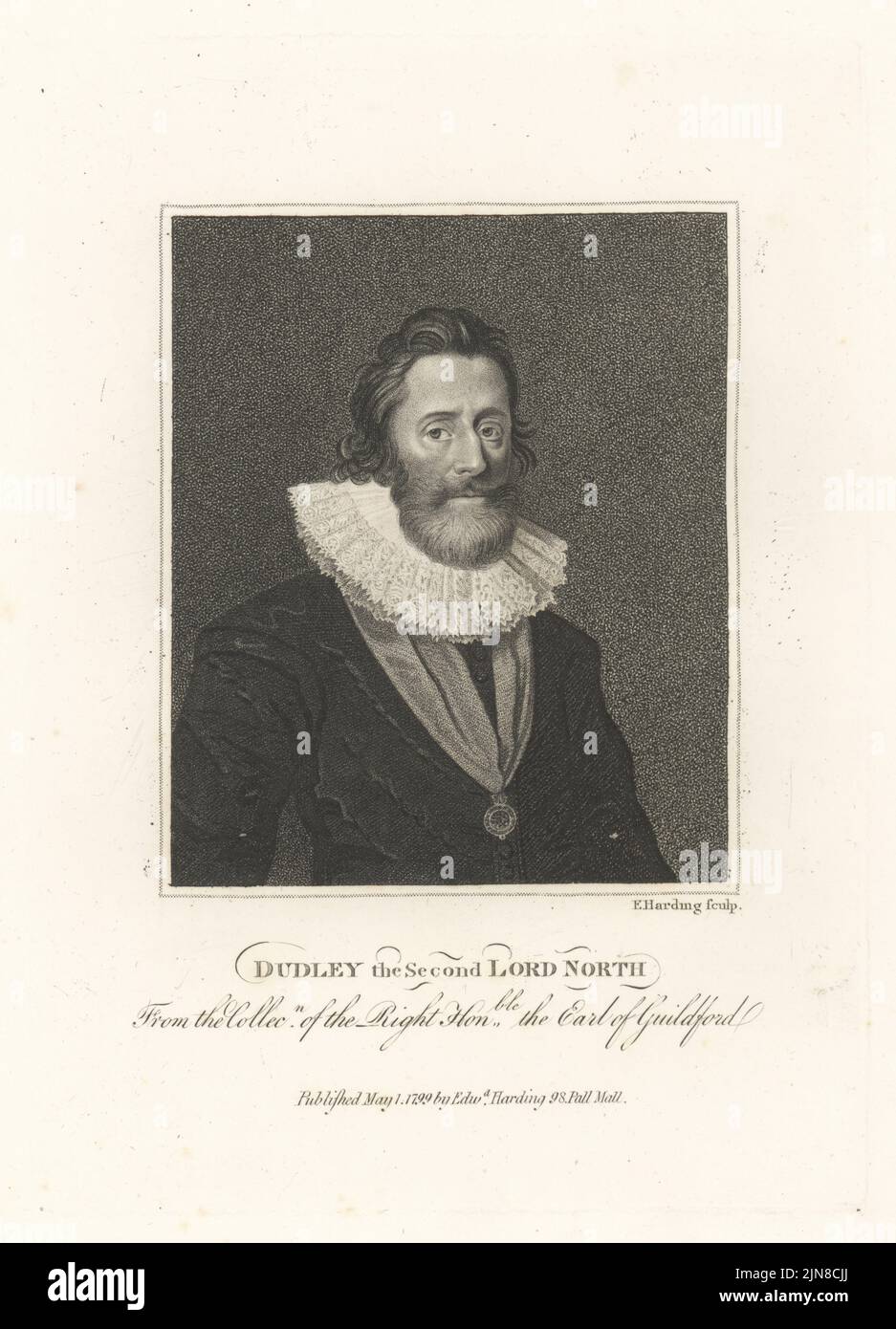 Dudley North, 4. Baron North Dudley, englischer Höfling, 1602-1677. In Rüschenkragen, Dublett und Schärpe des Ordens des Bades. Falsch Beschriftet Dudley, Second Lord North. Aus einem Gemälde aus der Sammlung des Earl of Guildford. Kupferstich von Edward Harding aus John Adolphus’ The British Cabinet, mit Porträts illustrer Persönlichkeiten, gedruckt von T. Bensley für E. Harding, 98 Pall Mall, London, 1799. Stockfoto