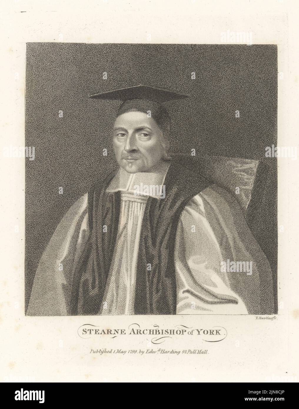 Richard Stearne, Erzbischof von York, um 1596-1683. Geboren in Mansfield, ausgebildet am Trinity College, Cambridge, Royalist Supporter. Urgroßvater des Schriftstellers Laurence Sterne. In Mörsertafel und zeremoniellen Gewändern. Kupferstich von Edward Harding aus John Adolphus’ The British Cabinet, mit Porträts illustrer Persönlichkeiten, gedruckt von T. Bensley für E. Harding, 98 Pall Mall, London, 1799. Stockfoto