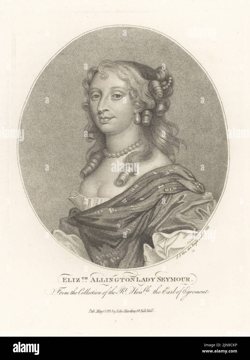 Elizabeth Allington, Lady Seymour, c.1632-1691. Heiratete Charles Seymour, 2. Baron Seymour of Trowbridge, im Jahr 1654. Haare in Ringelchen mit Perlen, Perlmutt-Choker, niedrig geschnittenes Kleid. Eine der Petworth-Schönheiten im Petworth House, West Sussex. Kupferstich von Ignatius Joseph van den Berghe nach Sir Peter Lely aus John Adolphus’ The British Cabinet, mit Porträts illustrer Persönlichkeiten, gedruckt von T. Bensley für E. Harding, 98 Pall Mall, London, 1800. Stockfoto