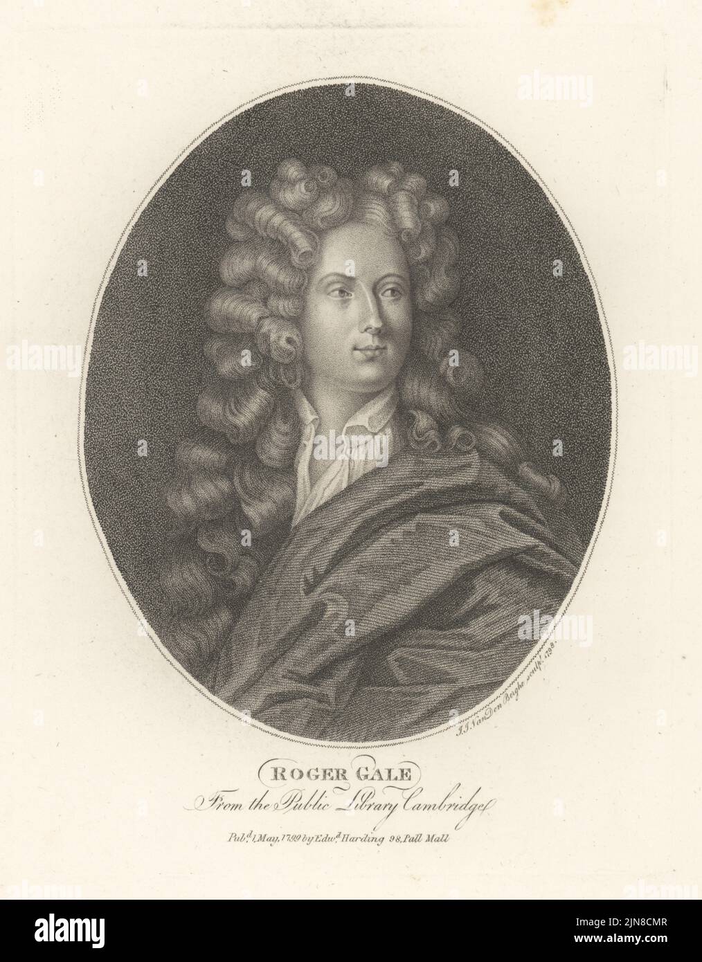 Roger Gale, englischer Antiquar und Historiker, 1672-1744. Ausbildung am Trinity College, Cambridge, VP der Society of Antiquaries, Schatzmeister der Royal Society. In gepuderter Perücke, Umhang und Leinenhemd. Kupferstich von Ignatius Joseph van den Berghe aus John Adolphus’ The British Cabinet, mit Porträts illustrer Persönlichkeiten, gedruckt von T. Bensley für E. Harding, 98 Pall Mall, London, 1800. Stockfoto