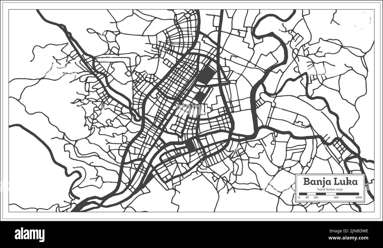 Banja Luka Stadtplan von Bosnien und Herzegowina in Schwarz und Weiß Farbe im Retro-Stil isoliert auf Weiß. Übersichtskarte. Vektorgrafik. Stock Vektor