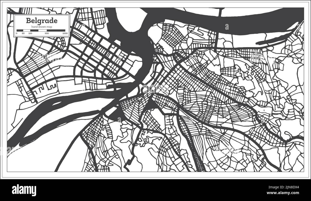 Belgrad Serbien Stadtplan in Schwarz und Weiß Farbe im Retro-Stil isoliert auf Weiß. Übersichtskarte. Vektorgrafik. Stock Vektor