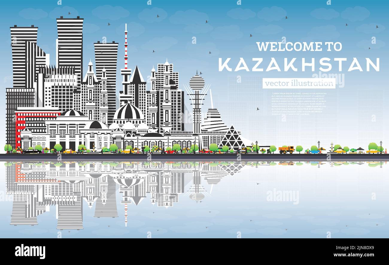 Willkommen in Kasachstan. Skyline der Stadt mit grauen Gebäuden, blauem Himmel und Reflexionen. Vektorgrafik. Konzept mit moderner Architektur. Stock Vektor