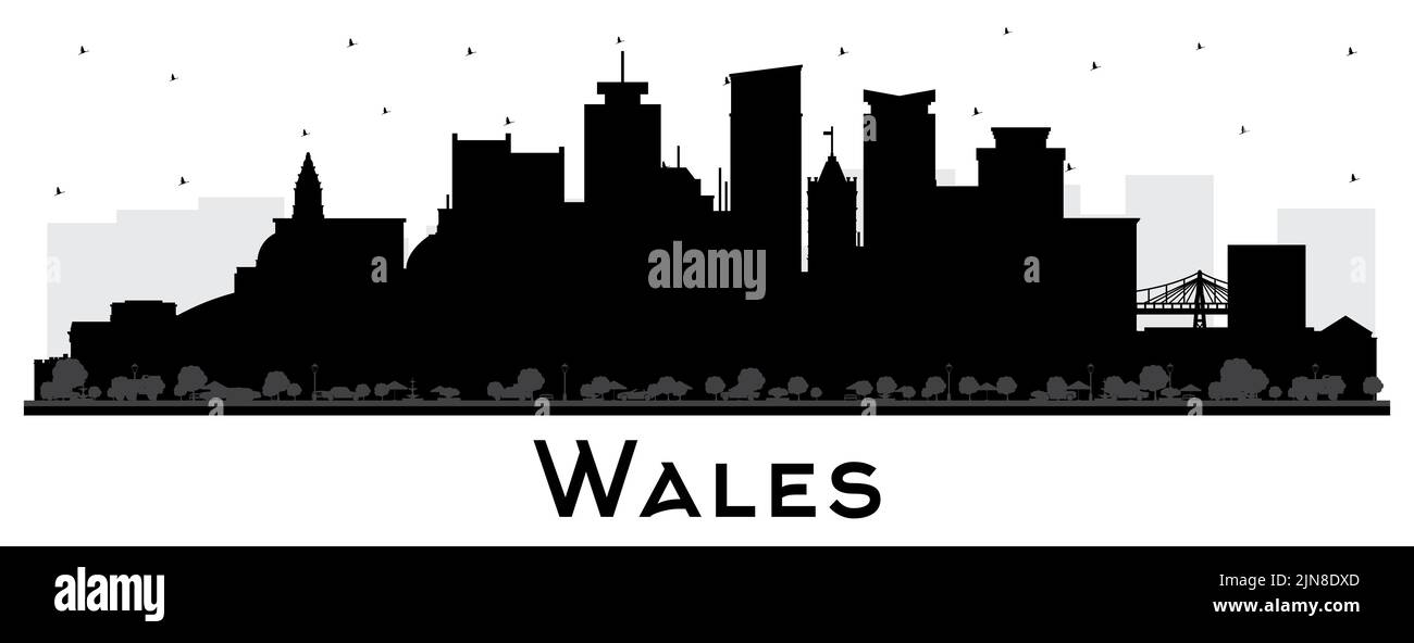Skyline von Wales City Silhouette mit schwarzen Gebäuden isoliert auf Weiß. Vektorgrafik. Konzept mit historischer Architektur. Stadtbild Von Wales. Stock Vektor