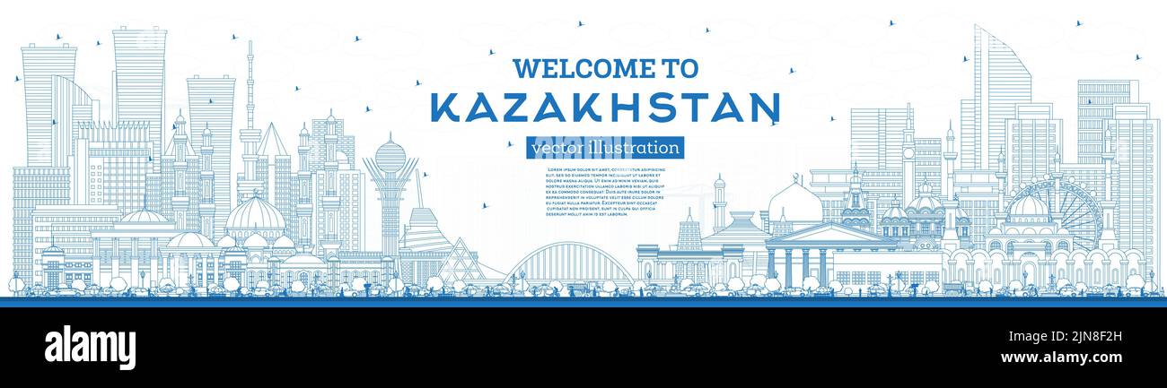 Übersicht Willkommen in Kasachstan. Skyline der Stadt mit blauen Gebäuden. Vektorgrafik. Konzept mit moderner Architektur. Stadtbild Von Kasachstan. Stock Vektor