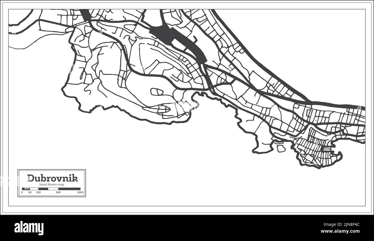 Dubrovnik Kroatien Stadtplan in Schwarz und Weiß Farbe im Retro-Stil isoliert auf Weiß. Übersichtskarte. Vektorgrafik. Stock Vektor