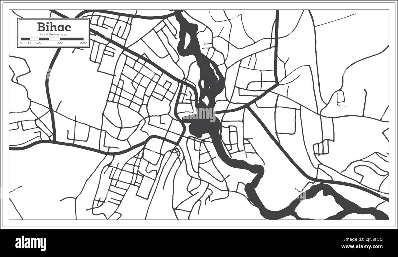 Bihac Stadtplan von Bosnien und Herzegowina in Schwarz und Weiß Farbe im Retro-Stil isoliert auf Weiß. Übersichtskarte. Vektorgrafik. Stock Vektor