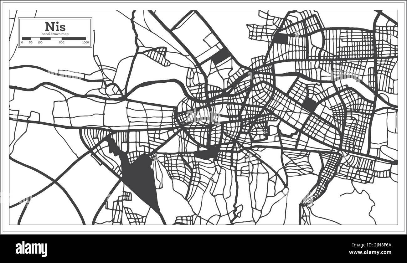 NIS Serbien Stadtplan in Schwarz und Weiß Farbe im Retro-Stil isoliert auf Weiß. Übersichtskarte. Vektorgrafik. Stock Vektor