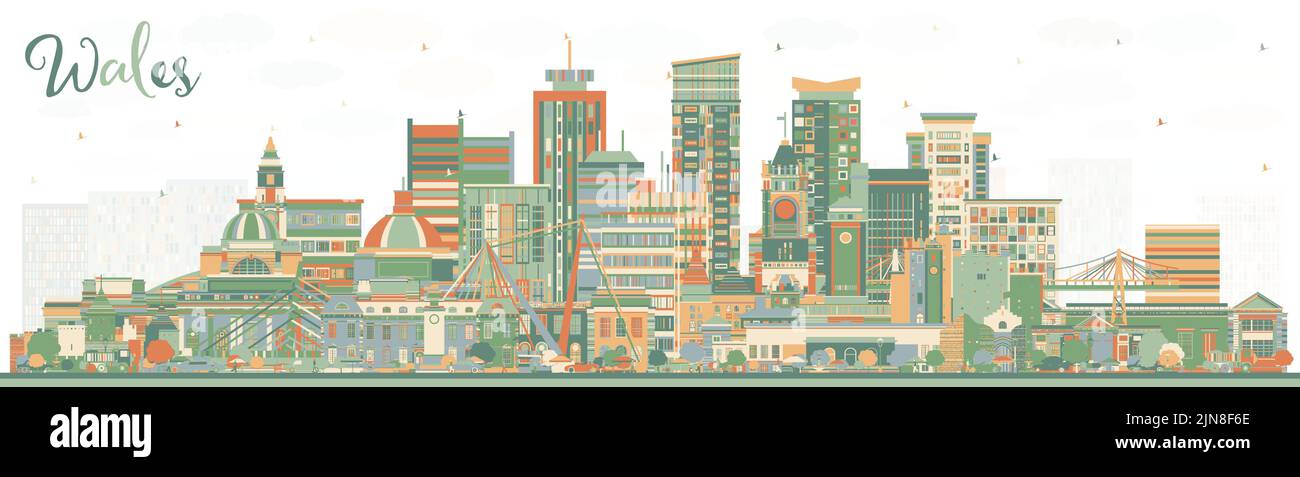 Skyline von Wales City mit farbigen Gebäuden. Vektorgrafik. Konzept mit historischer Architektur. Stadtbild von Wales mit Wahrzeichen. Cardiff. Swansea. Stock Vektor
