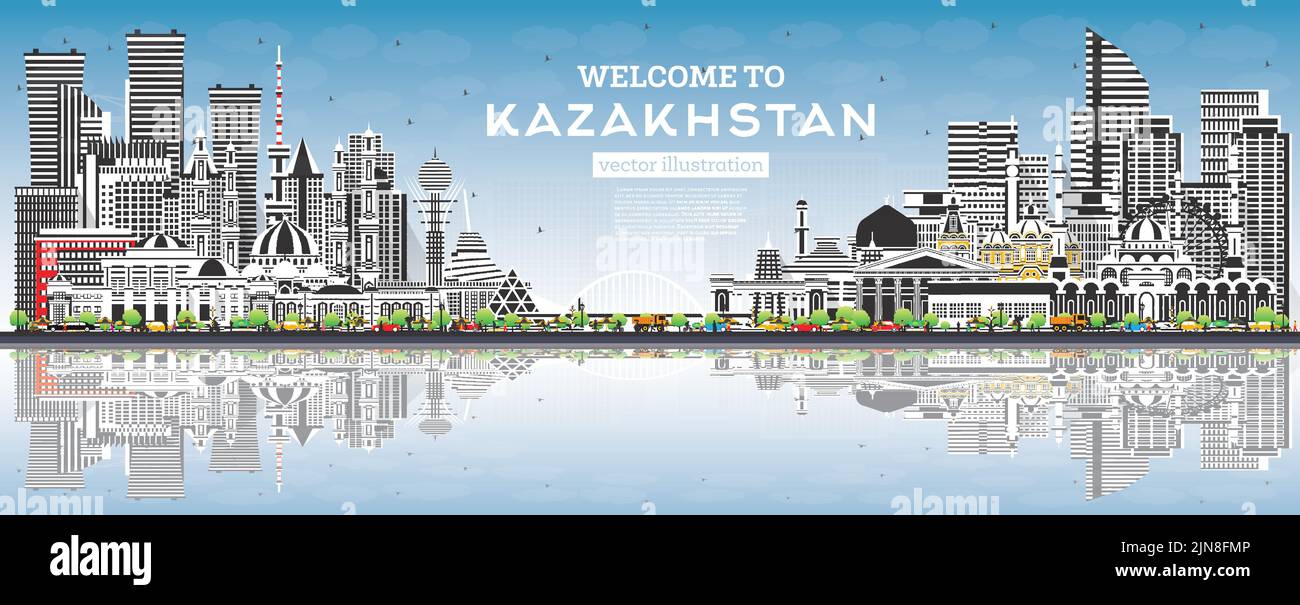 Willkommen in Kasachstan. Skyline der Stadt mit grauen Gebäuden, blauem Himmel und Reflexionen. Vektorgrafik. Konzept mit moderner Architektur. Stock Vektor