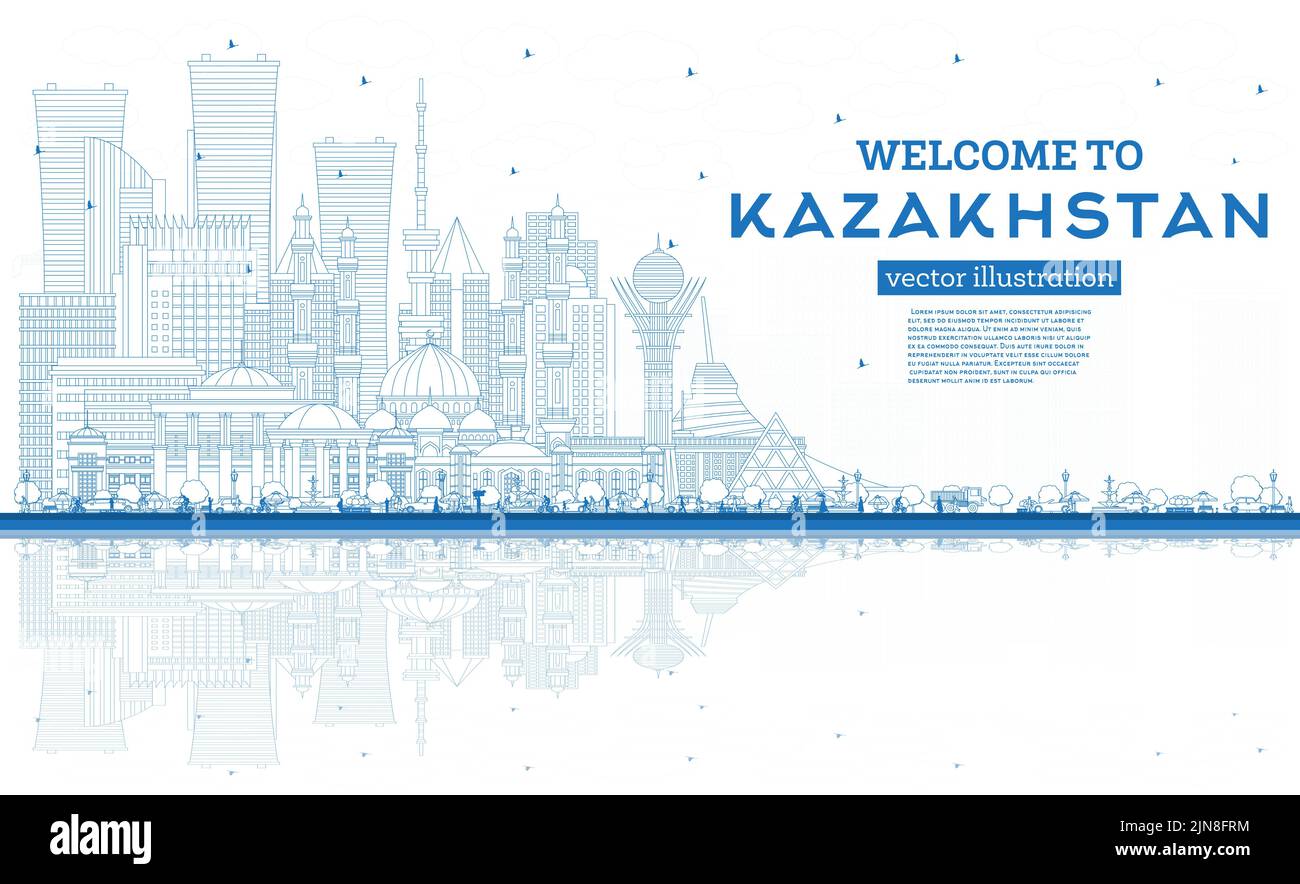 Übersicht Willkommen in Kasachstan. Skyline der Stadt mit blauen Gebäuden und Reflexionen. Vektorgrafik. Konzept mit moderner Architektur. Stock Vektor