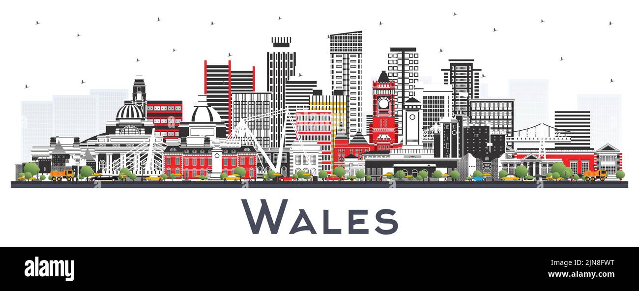 Skyline von Wales City mit grauen Gebäuden, isoliert auf White. Vektorgrafik. Konzept mit historischer Architektur. Stadtbild von Wales mit Wahrzeichen. Stock Vektor