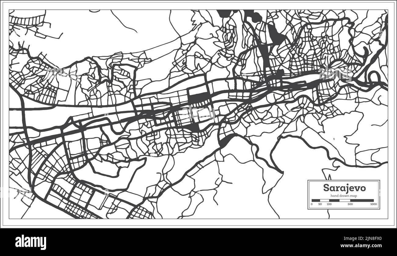 Sarajevo Bosnien und Herzegowina Stadtplan in Schwarz und Weiß Farbe im Retro-Stil isoliert auf Weiß. Übersichtskarte. Vektorgrafik. Stock Vektor