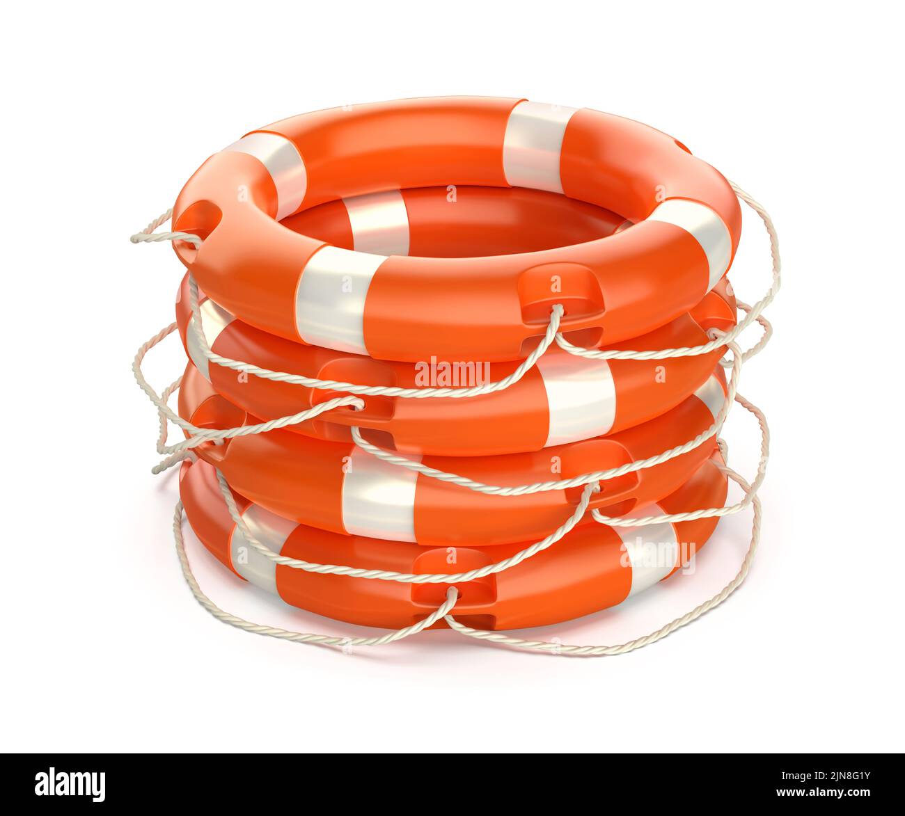 Stapel mit vier Rettungsring-Ringen auf weißem Hintergrund Stockfoto