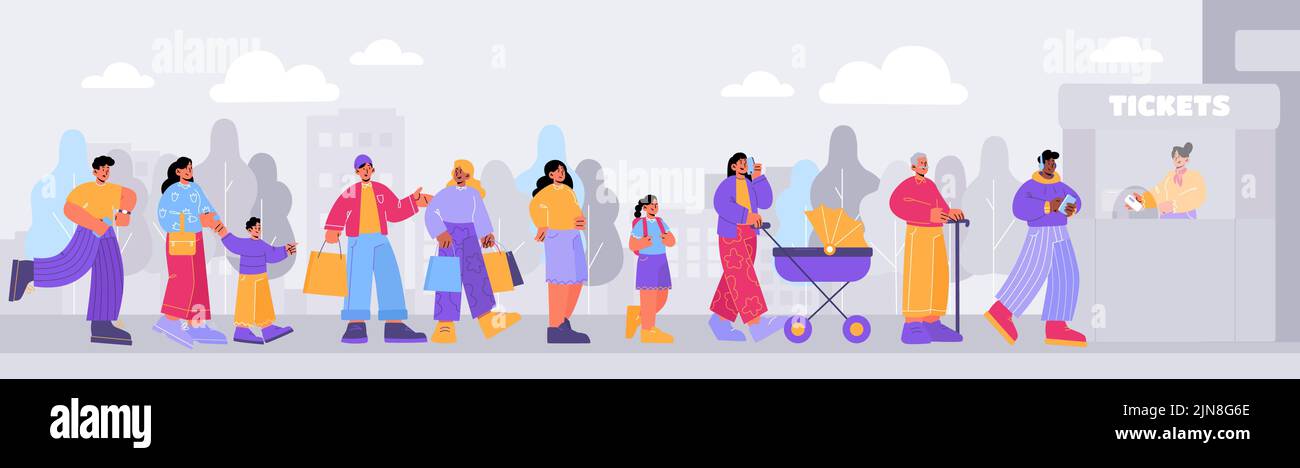 Menschen stehen in der Schlange an der Kasse. Verschiedene Charaktere warten in einer langen Schlange, um Tickets für Kino oder Bus zu kaufen. Stadtlandschaft mit Menschenmenge und Steuerung im Kiosk, Vektor-flache Abbildung Stock Vektor
